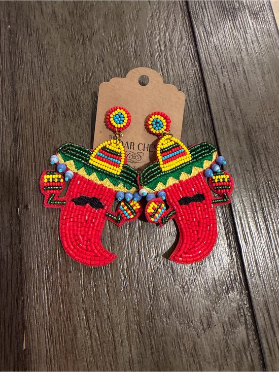 Jewelry - Beaded Chili Pepper Sombrero Statement Earrings - Red & Green